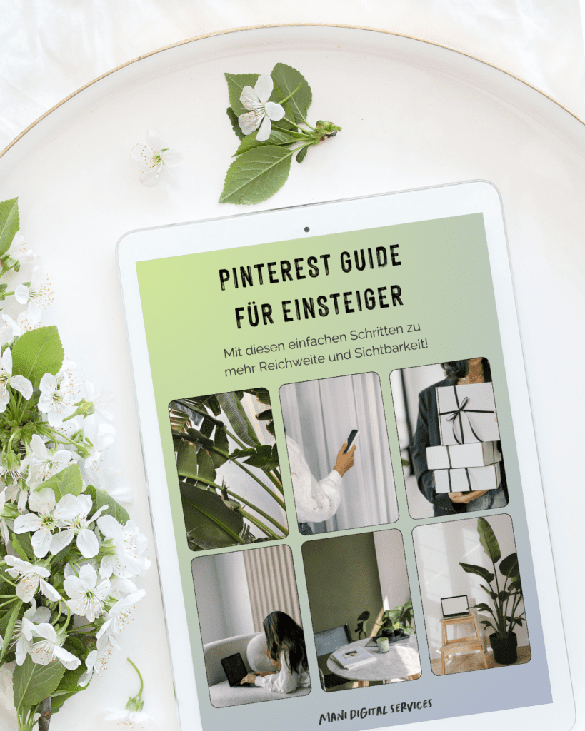 Pinterest Guide für Einsteiger, geöffnet auf dem Tablet. Der Guide erklärt, wie man mit 7 einfachen Schritten durch strategisches Pinterest Marketing mehr Reichweite und Sichtbarkeit gewinnen kann. Perfekt für alle, die den organischen Traffic auf ihre Website oder ihren Onlineshop steigern wollen.