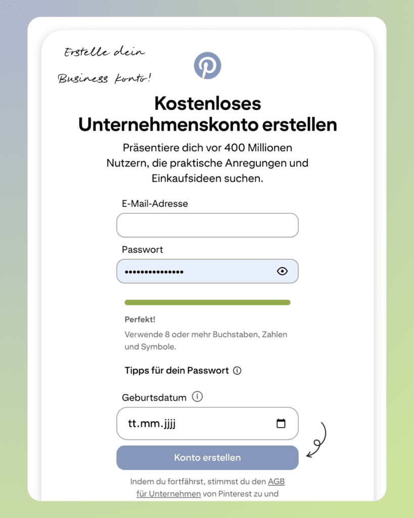 Pinterest Business Konto erstellen: Schritt-für-Schritt Anleitung für Unternehmen. Kostenloses Unternehmenskonto erstellen.
