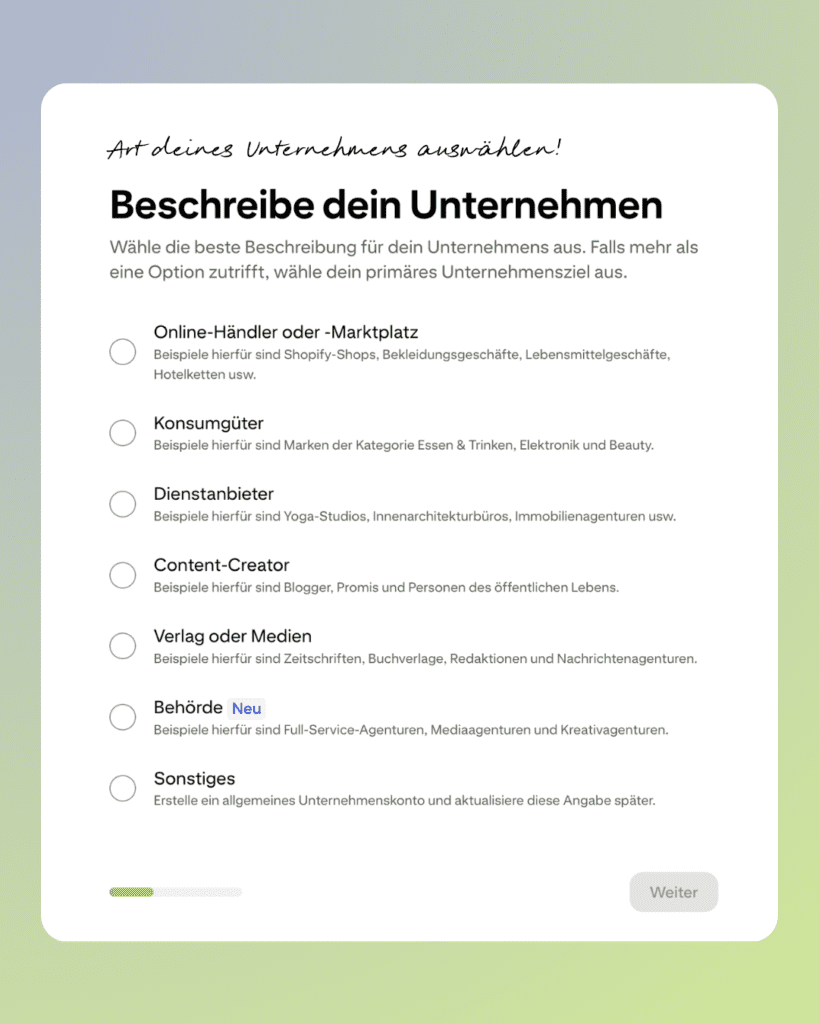 Pinterest Business Konto erstellen: Schritt-für-Schritt Anleitung für Unternehmen. Art des Unternehmens auswählen.