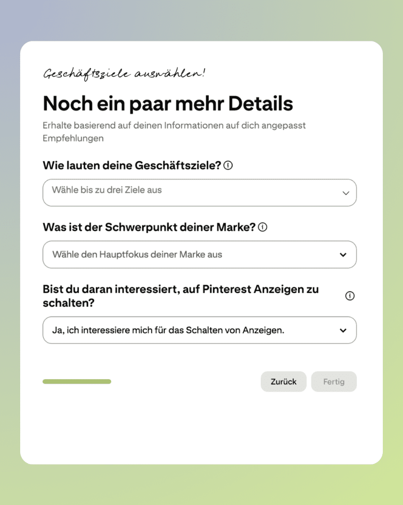 Pinterest Business Konto erstellen: Schritt-für-Schritt Anleitung für Unternehmen. Geschäftsziele auswählen.